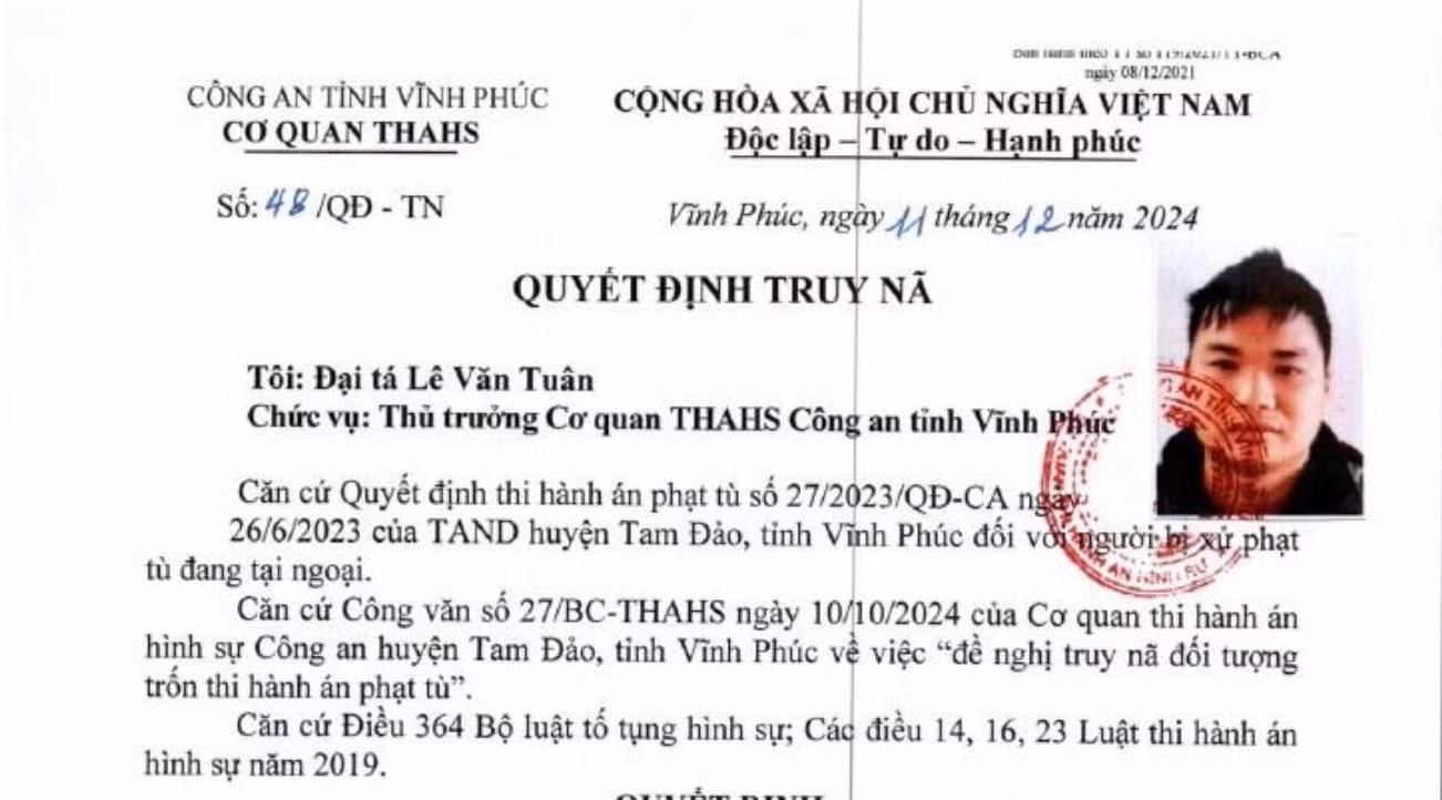 Hình ảnh đối tượng Lâm Văn Quang. Ảnh: Công an Vĩnh Phúc