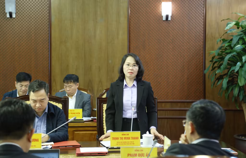 Đồng chí Trịnh Thị Minh Thanh, Phó Bí thư Thường trực Tỉnh ủy, Chủ tịch HĐND tỉnh, phát biểu tại cuojc họp.