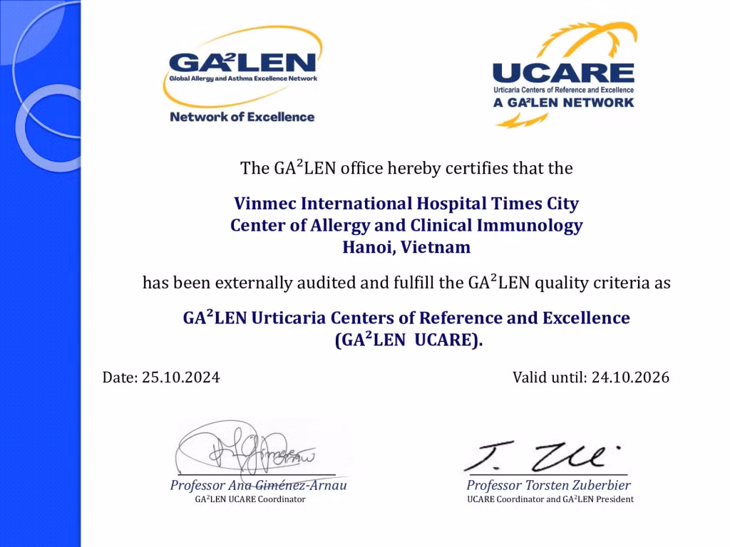 Trung tâm Dị ứng - Miễn dịch lâm sàng của Bệnh viện Đa khoa Quốc tế Vinmec Times City hiện là cơ sở duy nhất đạt được chứng nhận UCARE