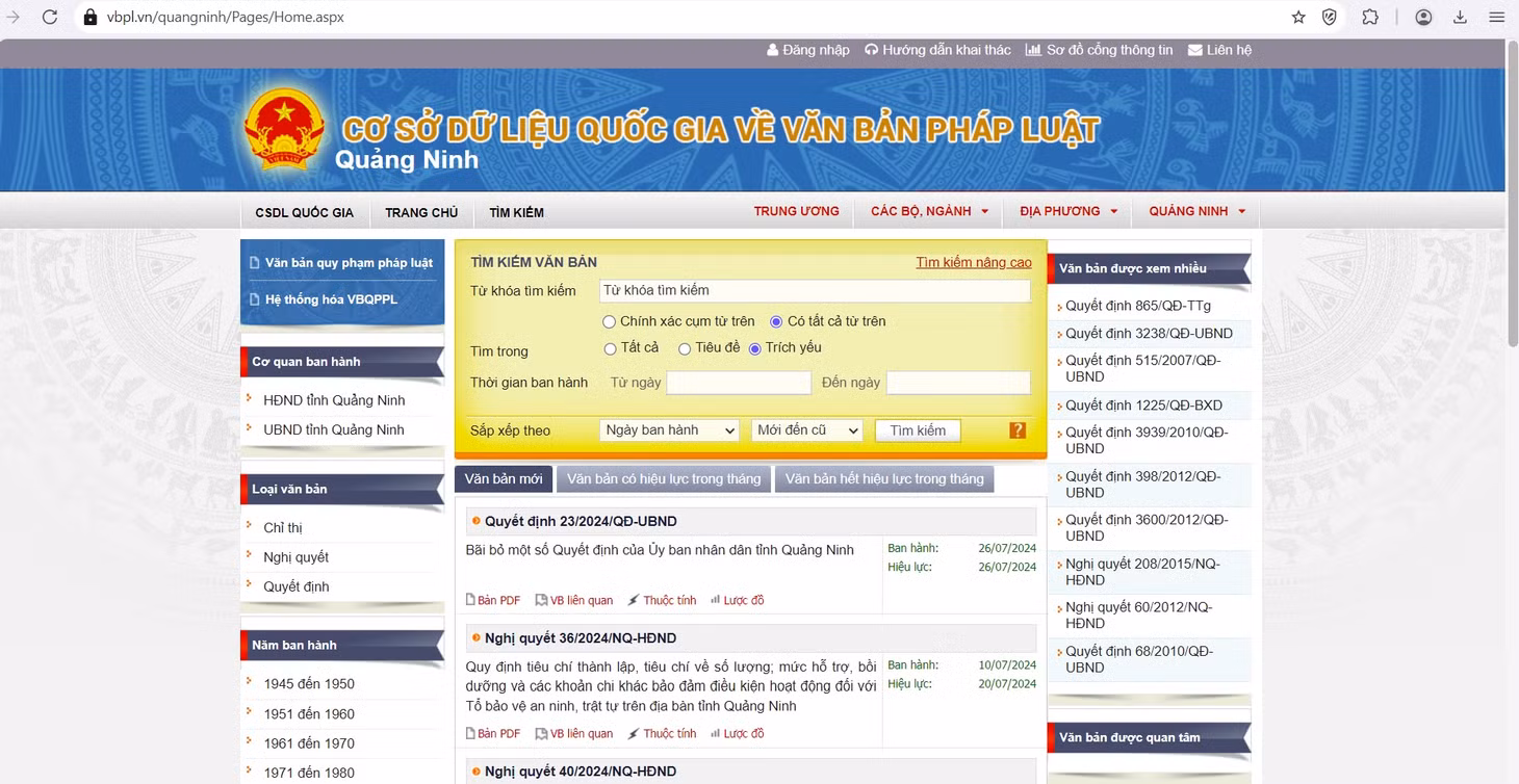 Tỉnh duy trì và hoạt động có hiệu quả Cơ sở dữ liệu văn bản quy phạm pháp luật kết nối với Cơ sở dữ liệu văn bản quy phạm pháp luật Quốc gia, kịp thời cung cấp thông tin pháp lý liên quan.