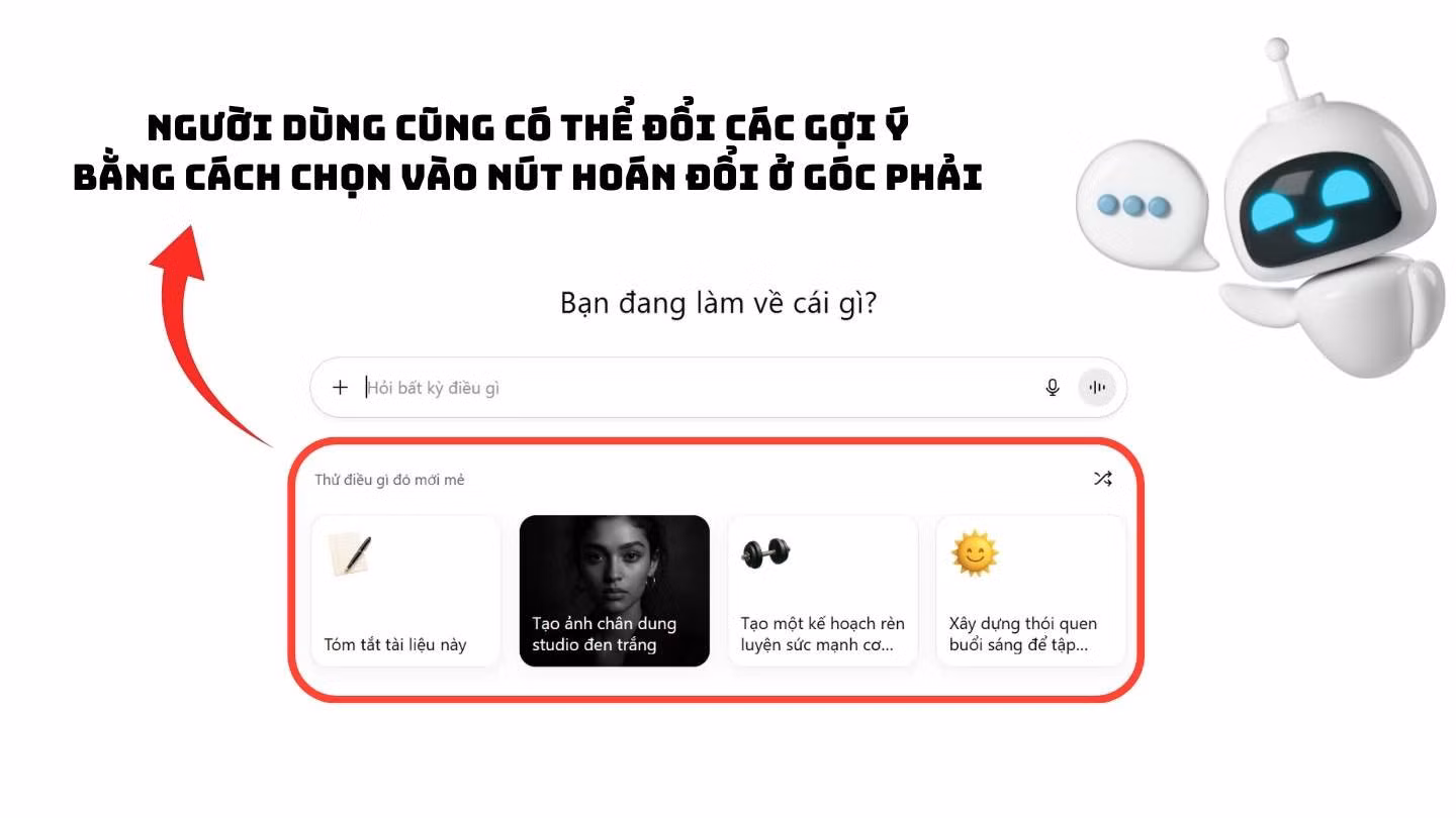 Giao diện ChatGPT vừa xuất hiện một mục mới mang tên “Thử điều gì đó mới mẻ”, với các thẻ gợi ý hành động nhanh. Đồ họa: Hạo Thiên