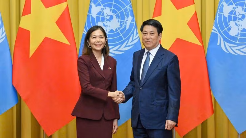 Chủ tịch nước Lương Cường và bà Pauline Tamesis, Điều phối viên thường trú Liên hợp quốc tại buổi tiếp. (Ảnh: THUỶ NGUYÊN)