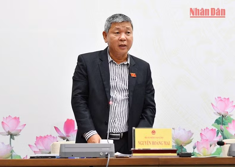 Phó Chủ nhiệm Ủy ban Xã hội của Quốc hội Nguyễn Hoàng Mai trả lời câu hỏi của phóng viên tại buổi họp báo. (Ảnh: THỦY NGUYÊN)