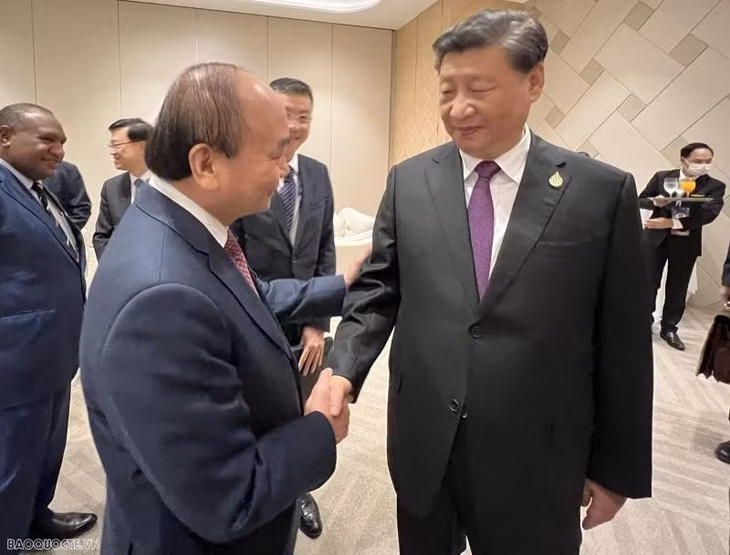 Chủ tịch nước Nguyễn Xuân Phúc gặp Tổng Bí thư, Chủ tịch nước Trung Quốc Tập Cận Bình. (Nguồn: Báo Quốc tế/TTXVN)