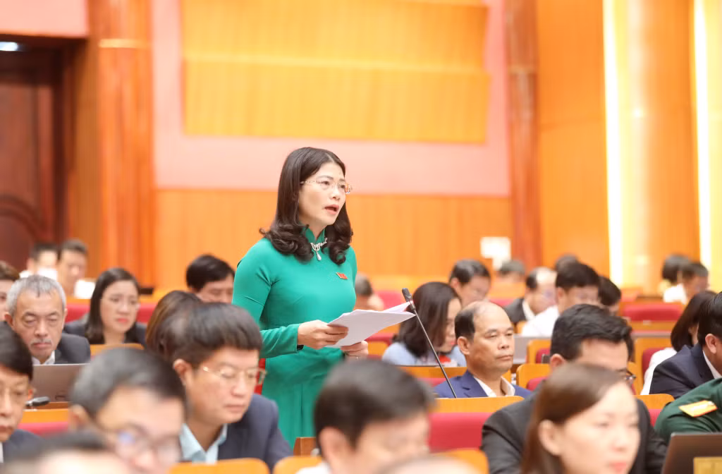 Đại biểu Đỗ Thị Ninh Hường, Tổ đại biểu HĐND tỉnh tại Đầm Hà, Hải Hà, phát biểu tại Kỳ họp.