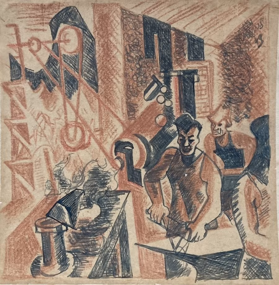 "Xưởng rèn trong chiến khu" do Trần Văn Cẩn vẽ năm 1950. Theo ông Anh Minh, sự kiện tri ân những họa sĩ đã tiên phong trong triển khai đường lối văn hóa của Đảng, thực hiện đề cương, trở thành những chiến sĩ trên mặt trận văn hóa 80 năm về trước.