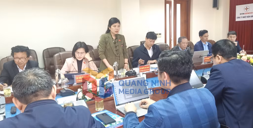 Đồng chí Nguyễn Thị Thu Hà, Phó Trưởng đoàn ĐBQH tỉnh phát biểu tại buổi làm việc với Công ty Nhiệt điện Uông Bí.