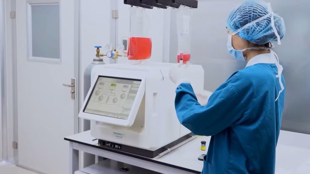 Nhân viên y tế thực hiện xét nghiệm tại Bệnh viện Vinmec Hạ Long.