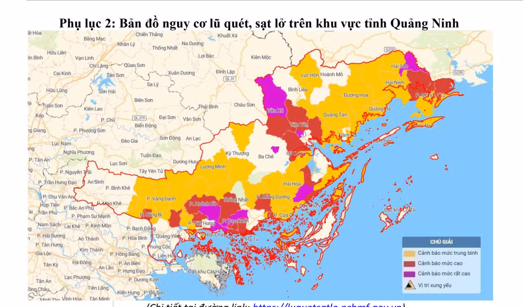 Bản đồ nguy cơ lũ quét, sạt lở trên khu vực tỉnh Quảng Ninh.