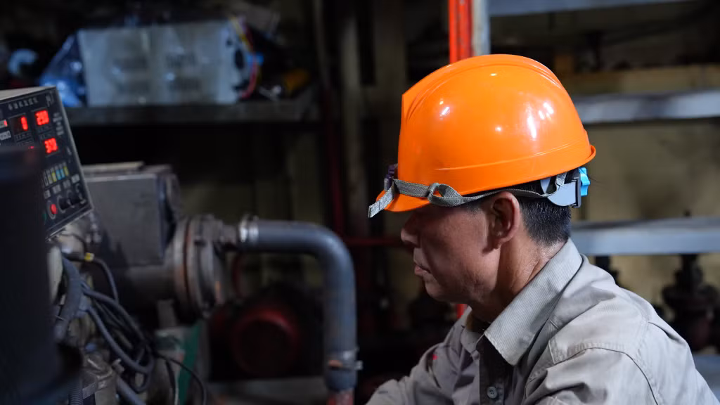 Anh Lê Thành Đặng, Máy trưởng tàu Cửa Ông 08, miệt mài sửa chữa, bảo dưỡng thiết bị trên tàu để đảm bảo phương tiện vận hành an toàn, ổn định trong mọi chuyến hải trình.
