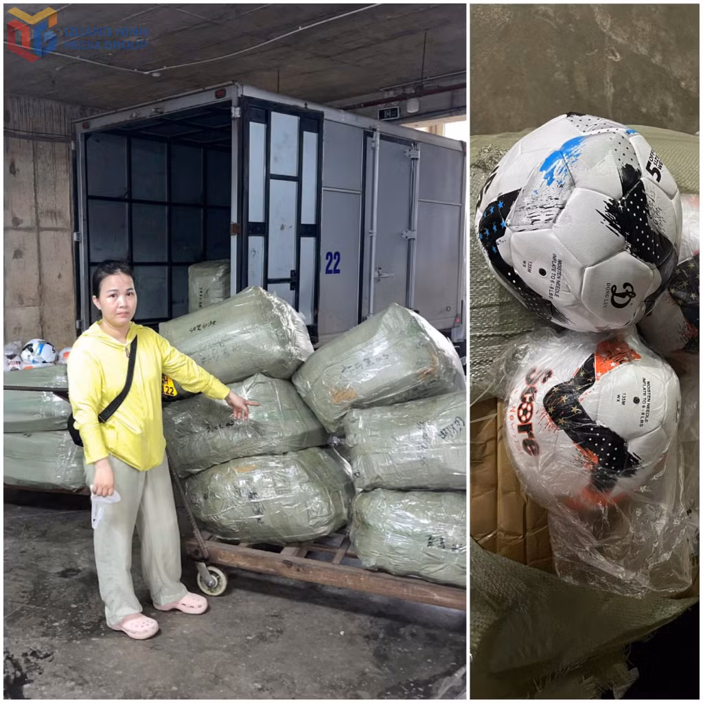 Các sản phẩm bóng đá làm giả nhãn hiệu “Động Lực”, “Thăng Long” được các đối tượng cất trong kho.