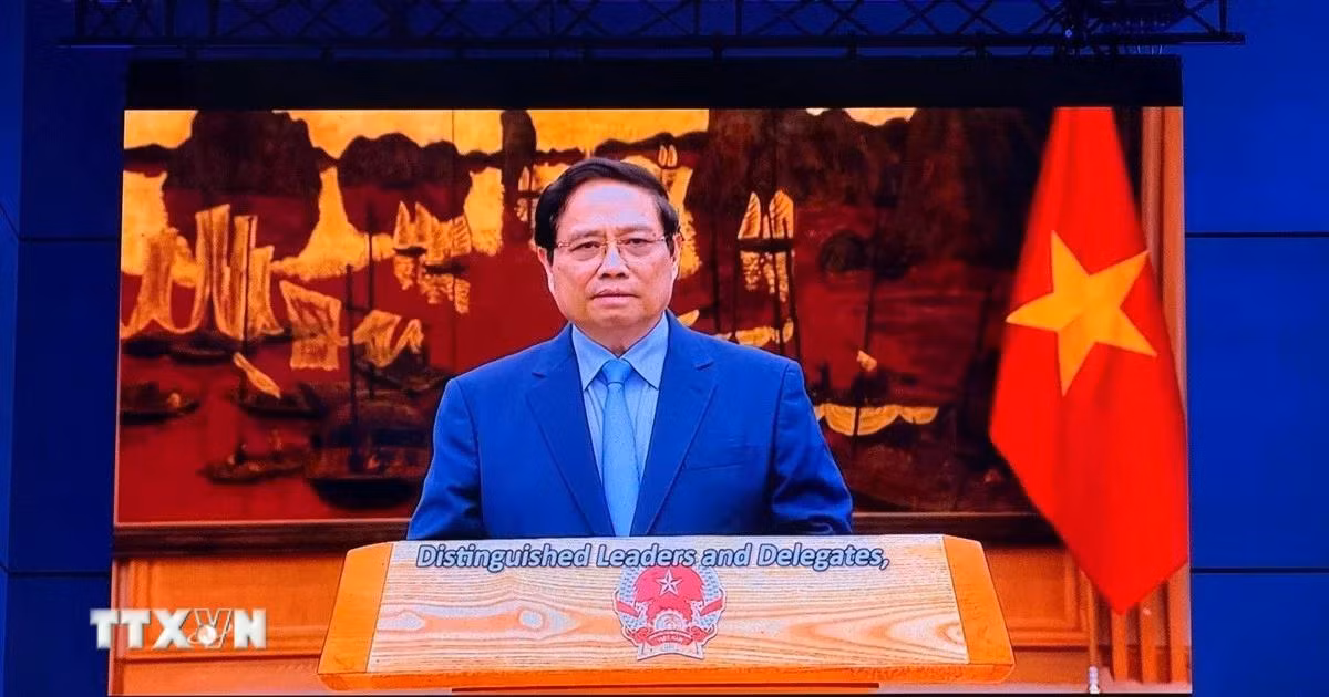 Thủ tướng Chính phủ Phạm Minh Chính gửi thông điệp tới hội nghị. (Ảnh: TTXVN)
