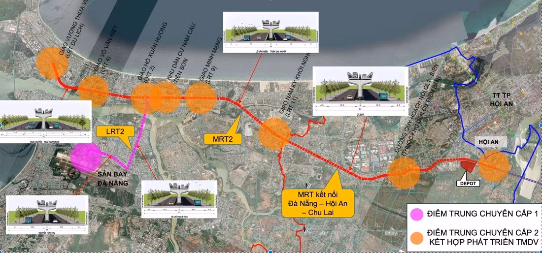 LRT2 nối từ sân bay Đà Nẵng - nối bãi biển Mỹ Khê dài hơn 7km, và MRT2 nối từ ĐH Việt Hàn - ga Đà Nẵng hiện tại dài hơn 17km với kế hoạch đầu tư từ 2025-2030 và 2031-2040 - Ảnh: Đồ họa Sở Xây dựng cung cấp