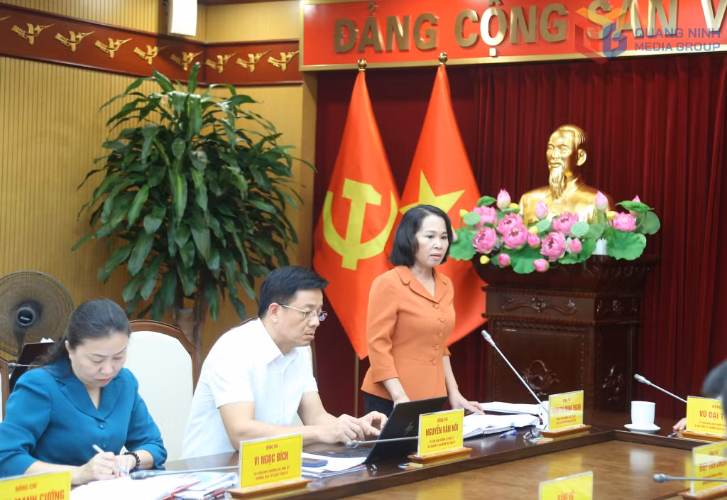 Đồng chí Trịnh Thị Minh Thanh, Phó Bí thư Thường trực Tỉnh ủy, Trưởng Đoàn ĐBQH tỉnh, phát biểu tại cuộc họp.