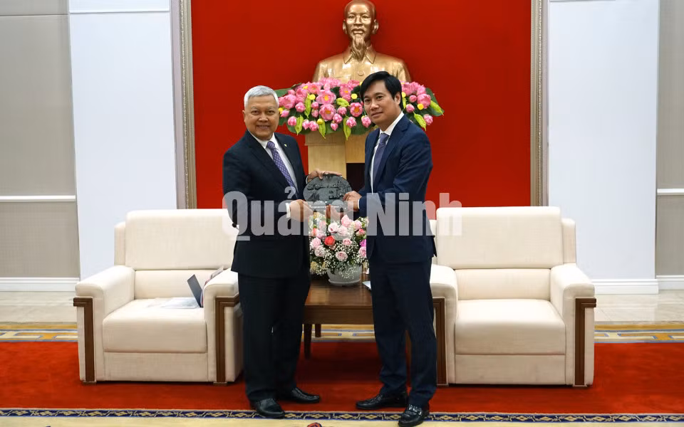 Chủ tịch UBND tỉnh, tặng quà lưu niệm cho ngài Ibnu Hadi, Đại sứ Đặc mệnh toàn quyền nước Cộng hòa Indonesia tại Việt Nam (11-2020). Ảnh: Nguyễn Thanh