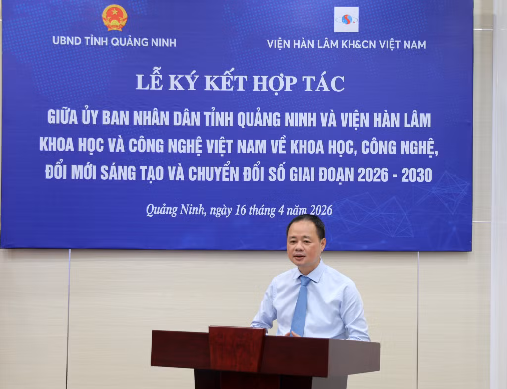 GS.TS Trần Hồng Thái, Ủy viên Trung ương Đảng, Chủ tịch Viện Hàn lâm Khoa học Công nghệ Việt Nam, phát biểu tại lễ ký kết hợp tác.