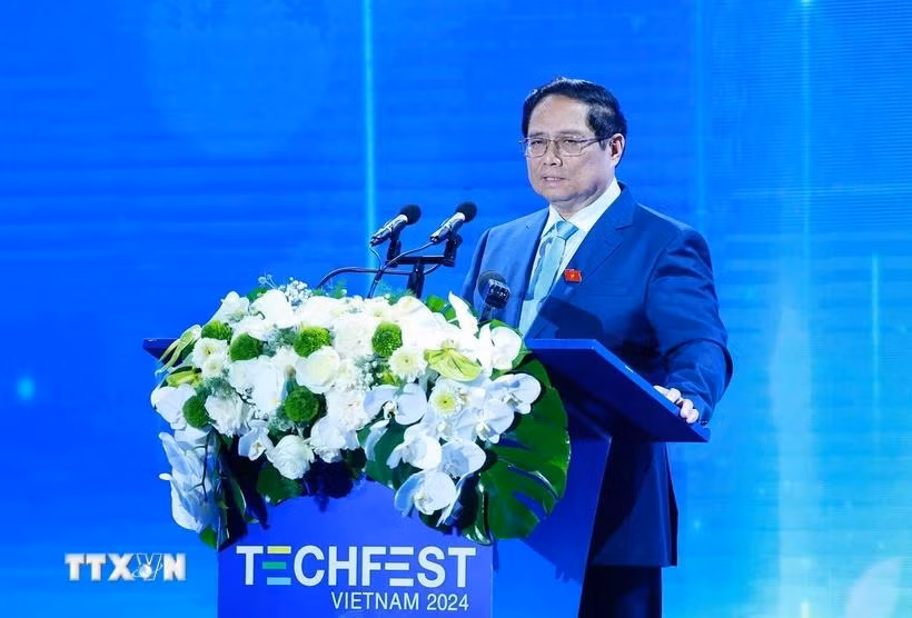 Thủ tướng Phạm Minh Chính phát biểu tại Ngày hội Khởi nghiệp đổi mới sáng tạo Quốc gia 2024. (Ảnh: Dương Giang/TTXVN)