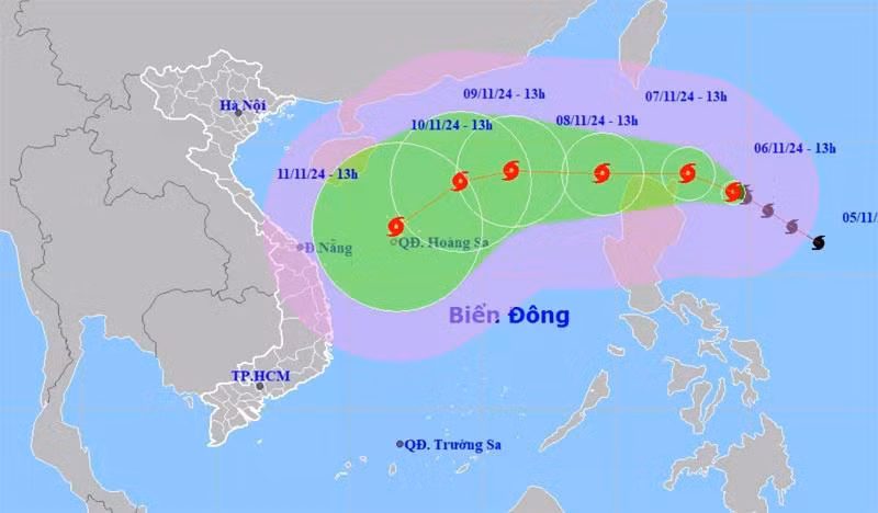 Vị trí và hướng di chuyển của bão Yinxing lúc 13 giờ ngày 6/11. (Nguồn: nchmf.gov.vn)