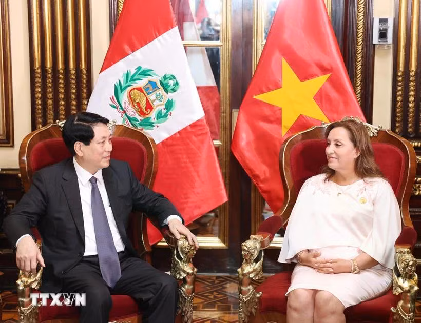 Chủ tịch nước Lương Cường và Tổng thống Peru Dina Ercilia Boluarte Zegarr. (Ảnh: Lâm Khánh/TTXVN)