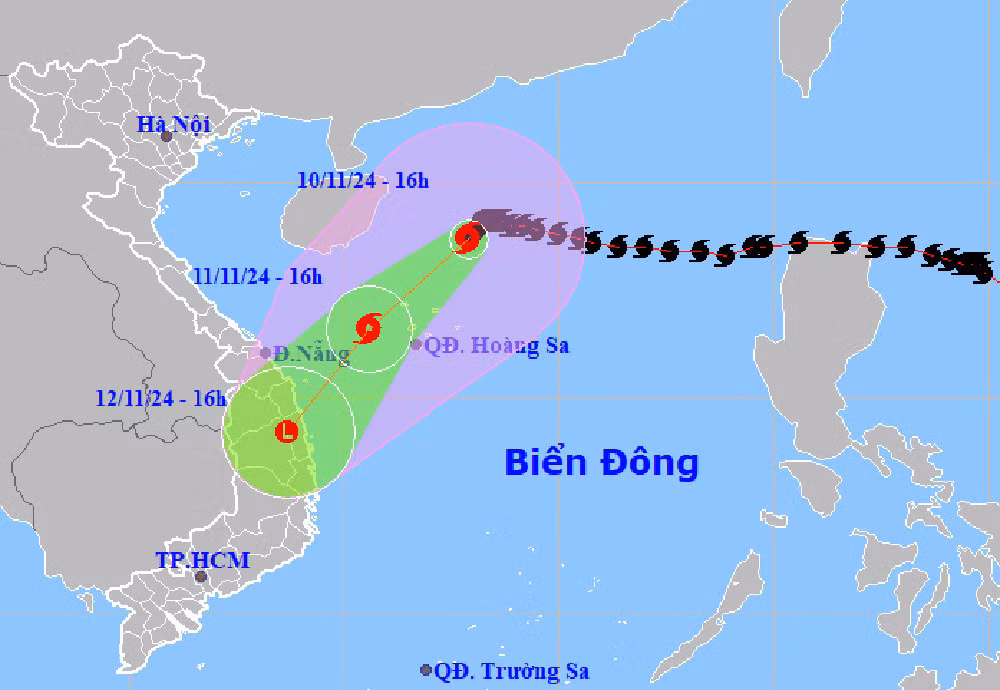 Hướng di chuyển của bão số 7 chiều 10/11. Nguồn: NCHMF