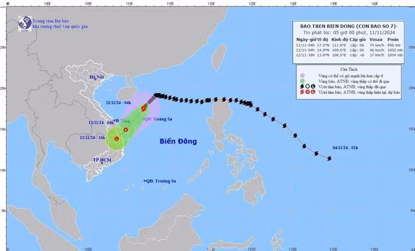 Hướng di chuyển của bão số 7 cập nhật lúc 4h sáng 11/11. (Ảnh: TTXVN phát)