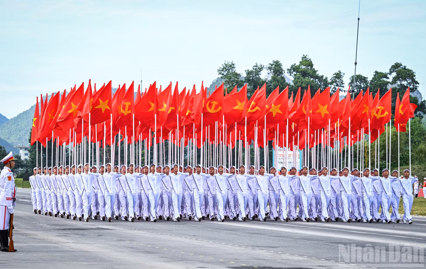 Khối cờ Đảng, cờ Tổ quốc với những lá cờ tung bay trước gió.