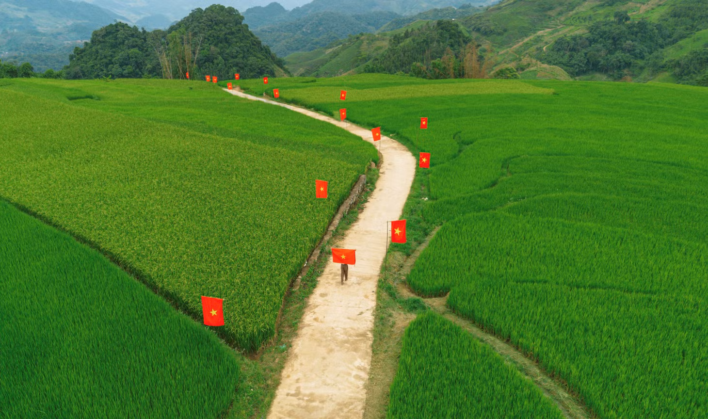 Du khách đến đây đừng quên check-in con đường treo cờ đỏ sao vàng rực rỡ, thực hiện bộ ảnh kỷ niệm dịp lễ Quốc khánh 2.9 năm nay.