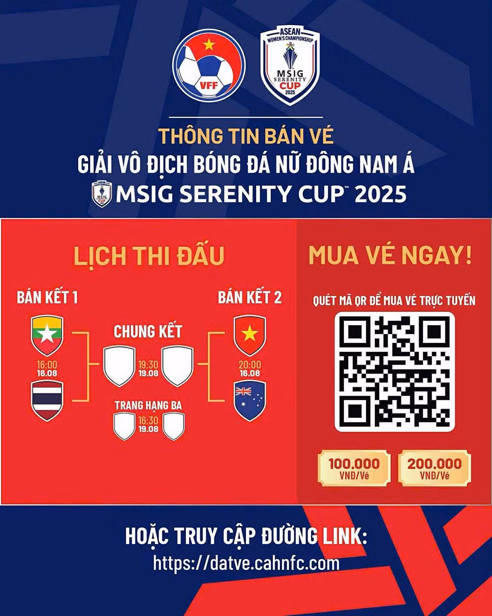 Lịch thi đấu và thông tin bán vé bán kết giải bóng đá nữ Đông Nam Á 2025. Ảnh: VFF