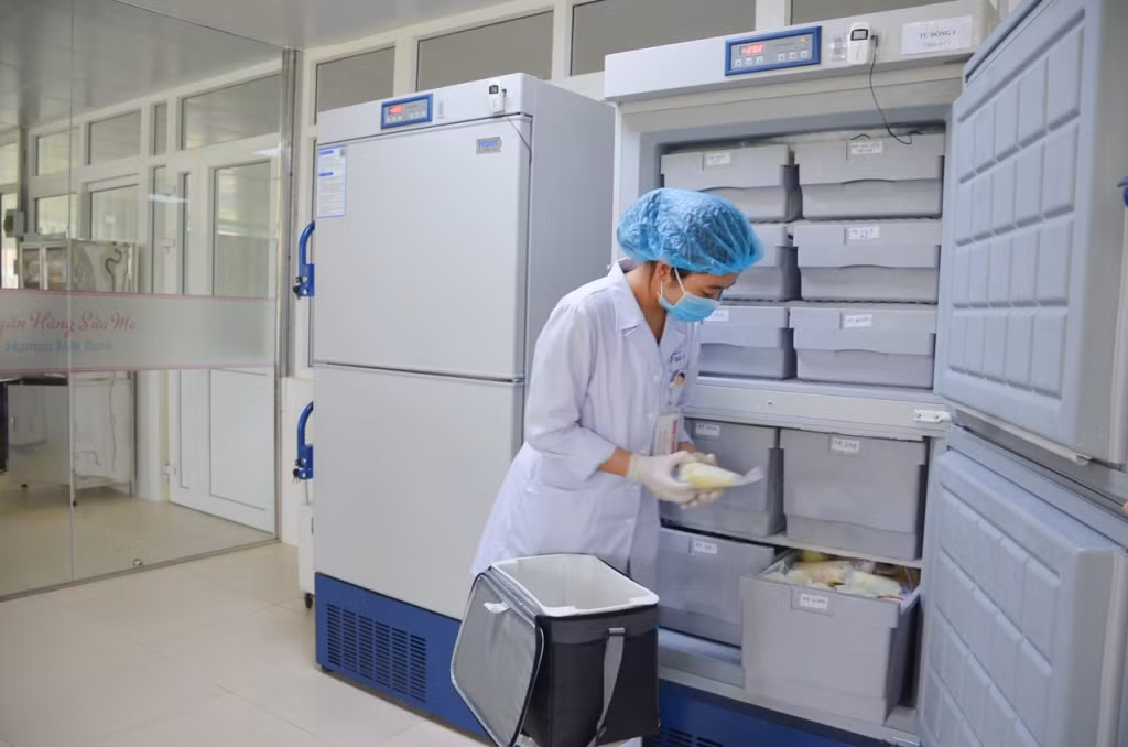 Nhân viên thu gom sữa mẹ do các bà mẹ hiến tặng để tích trữ tại Ngân hàng sữa mẹ.