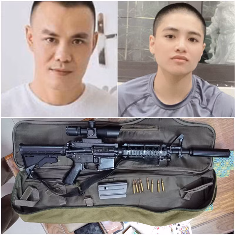 Đối tượng Minh (bên trái) và Tuấn cùng khẩu súng AR15 là tang vật vụ án.