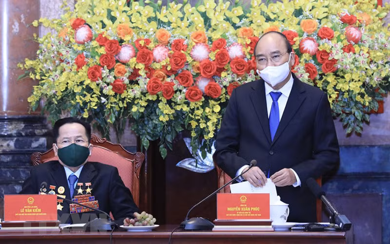 Chủ tịch nước Nguyễn Xuân Phúc phát biểu tại buổi gặp. (Ảnh: Lâm Khánh/TTXVN)
