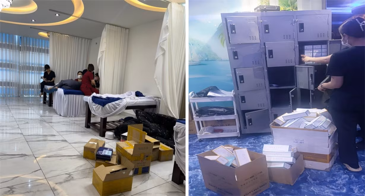 Nhân viên và các dụng cụ, vật tư… phục vụ cho kỹ thuật “tăng size cậu nhỏ” tại hộ kinh doanh Uci International ngày 15/4. Ảnh: SYT