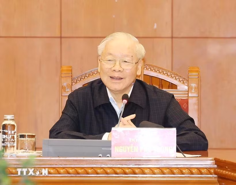 Tổng Bí thư Nguyễn Phú Trọng phát biểu kết luận phiên họp đầu tiên Tiểu ban Nhân sự Đại hội XIV của Đảng. (Ảnh : Trí Dũng/TTXVN)