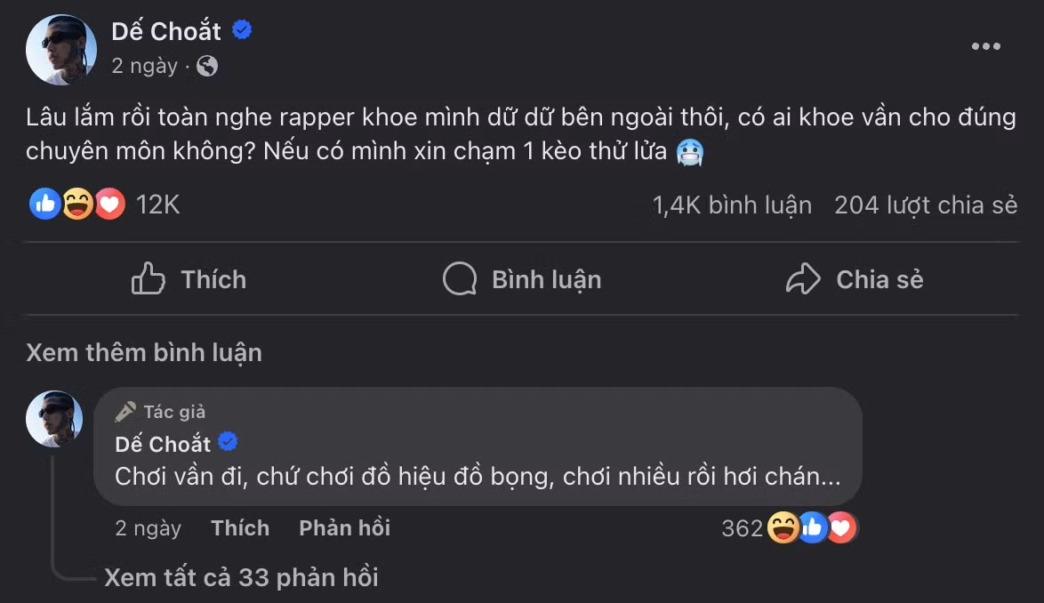 Bài đăng của Dế Choắt khiến cộng đồng rap dậy sóng.