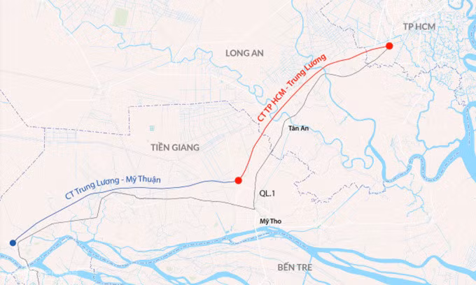 Hướng tuyến cao tốc Trung Lương - Mỹ Thuận. Đồ hoạ: Đăng Hiếu