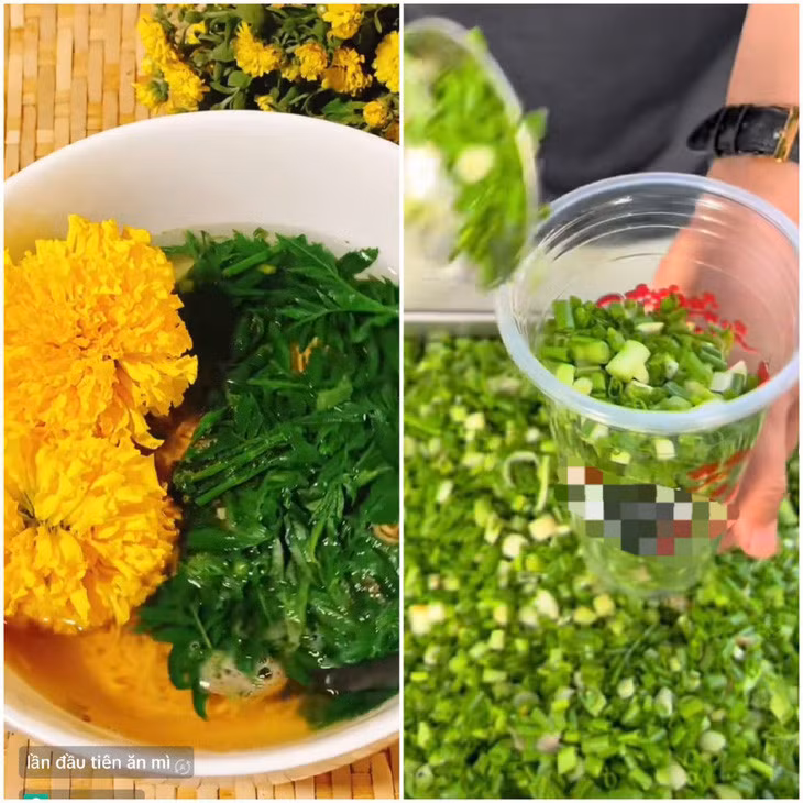 Mạng xã hội xuất hiện đủ loại trào lưu với món ăn độc lạ như trà sữa trộn hành lá, cúc vạn thọ ăn cùng mì tôm - Ảnh: T.H. chụp màn hình