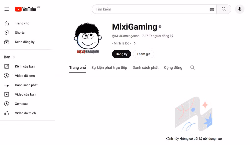 Kênh Youtube của Độ Mixi đổi tên như cũ, nhưng nội dung vẫn chưa xuất hiện trở lại (Ảnh chụp màn hình).