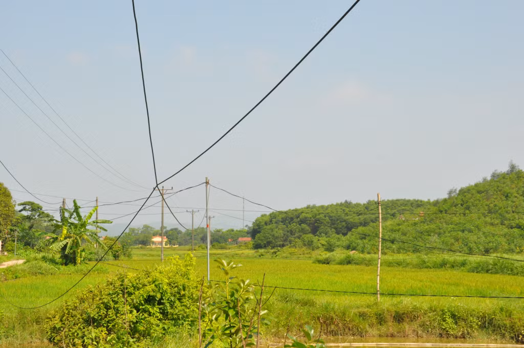 Những dây điện chằng chéo do người dân kéo điện tại khu vực ngã tư Tài Dàu, Xóm Khe, xã Đại Bình