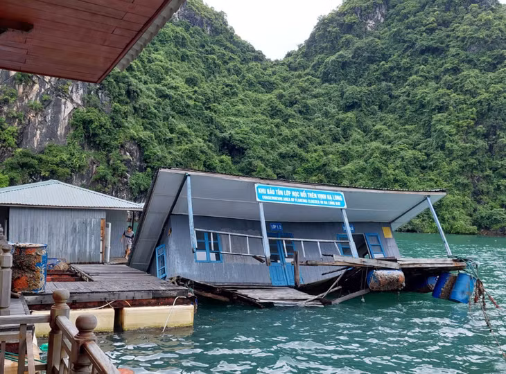 Khu bảo tồn lớp học nổi trước và sau khi bị nghiêng đổ. Ảnh do đơn vị cung cấp.