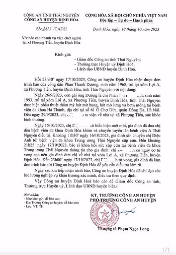 Báo cáo nhanh của cơ quan Công an về vụ chết người.