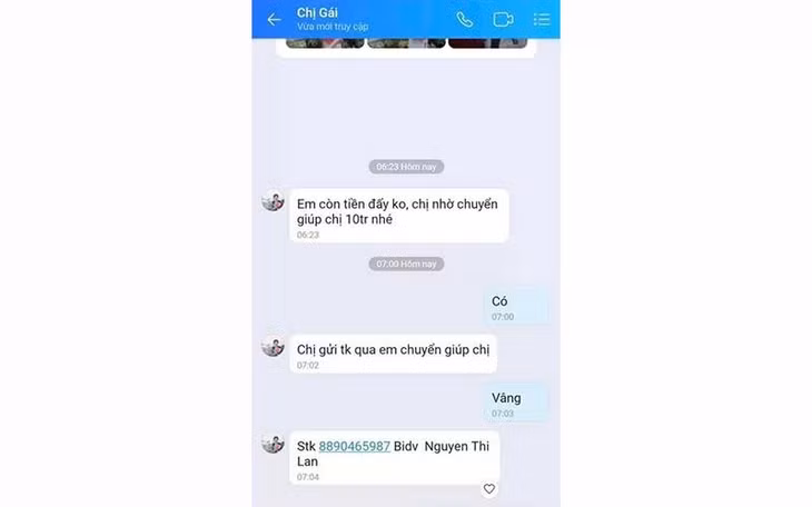 Đối tượng lừa đảo đã chiếm quyền sử dụng Zalo, giả danh chủ tài khoản để nhắn tin lừa đảo. (Ảnh chụp màn hình)