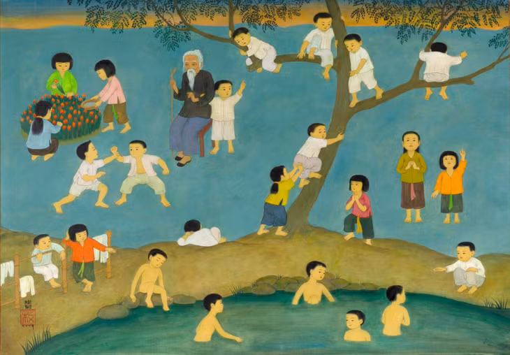 Bức Enfants jouant dans la campagne (Trẻ em vui chơi ở nông thôn) được Mai Trung Thứ vẽ năm 1971, chất liệu mực và màu trên lụa. Họa sĩ ký tên và ghi ngày tháng dưới góc bên trái của tranh. Tác phẩm ước tính 250.000-350.000 euro (khoảng 6-9 tỷ đồng), được bán với giá cuối là 309.840 euro (hơn 7,9 tỷ đồng).