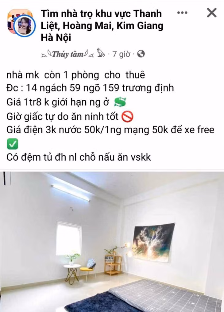 Một trong những bài đăng lừa đảo trên hội nhóm "Tìm nhà trọ khu vực Thanh Liệt, Hoàng Mai, Kim Giang Hà Nội".