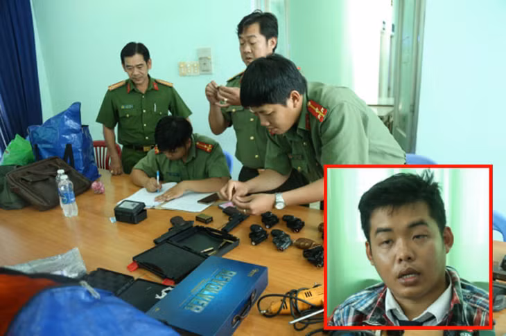 Cơ quan điều tra thu nhiều vũ khí và đối tượng Khánh (ảnh nhỏ).