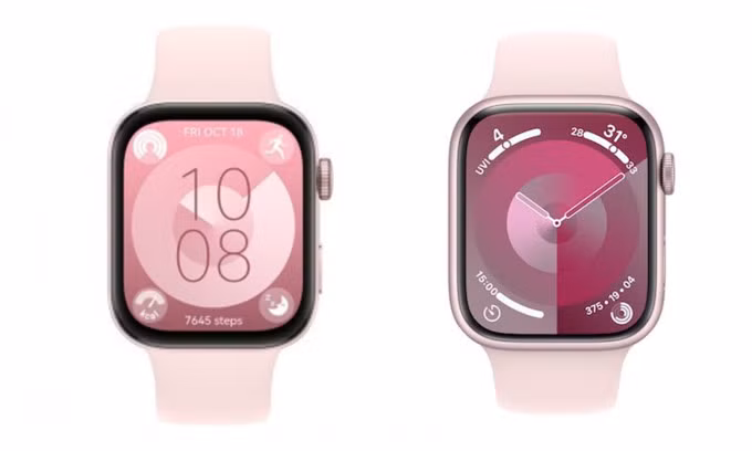 Ảnh được cho là Huawei Watch Fit 3 (bên trái) và Apple Watch Series 9. Ảnh: Roland Quant/Apple