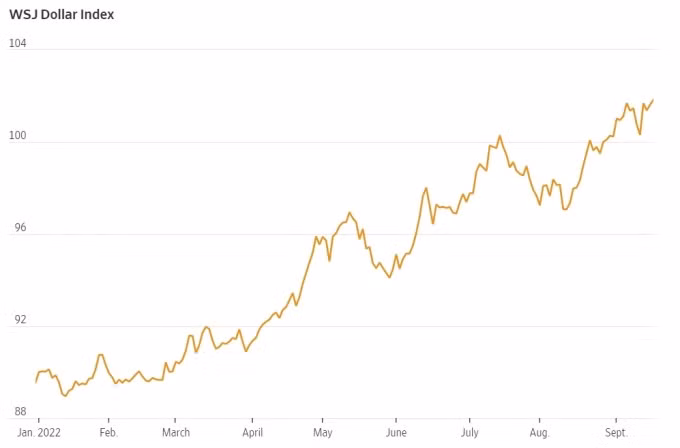 Diễn biến Dollar Index năm nay. Đồ thị: WSJ/Dow Jones Market