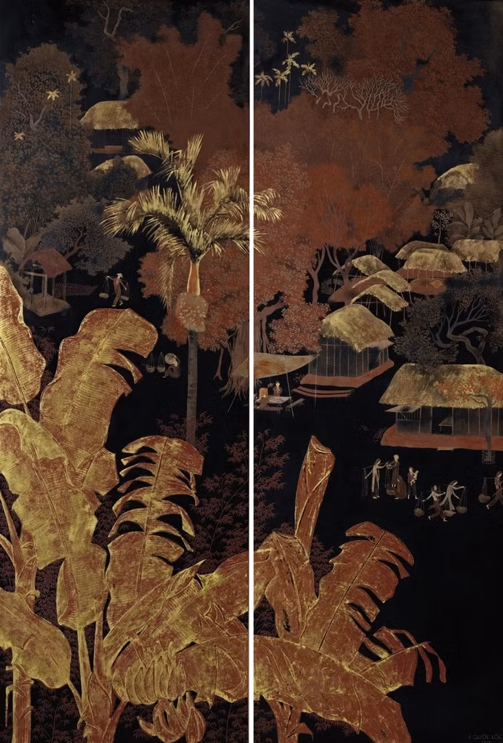 Bình phong trên gỗ hai tấm "Phong cảnh" ra đời năm 1943, kích thước 121x80 cm, bán giá 175.000 HKD (514 triệu đồng) trong phiên của Sotheby's Hong Kong hồi tháng 4/2013. Ảnh: Sotheby's