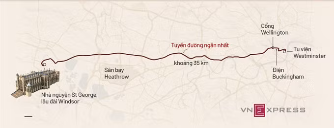 Lộ trình linh cữu được đưa từ Tu viện Westminster đến nơi an táng. Đồ họa: Tiến Thành.