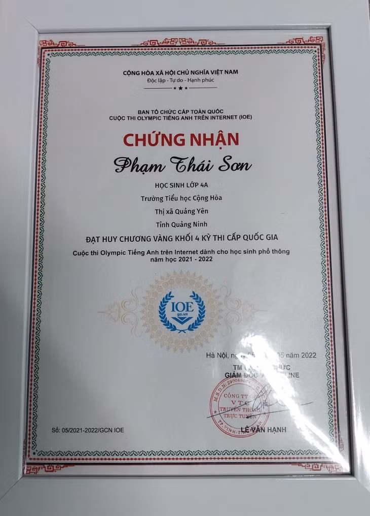 Giấy khen Phạm Thái Sơn