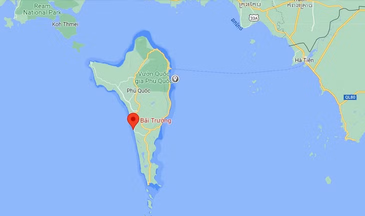 7 thi thể chưa rõ danh tính được phát hiện ở Bãi Trường, TP Phú Quốc (chấm đỏ). Ảnh: Google Maps.